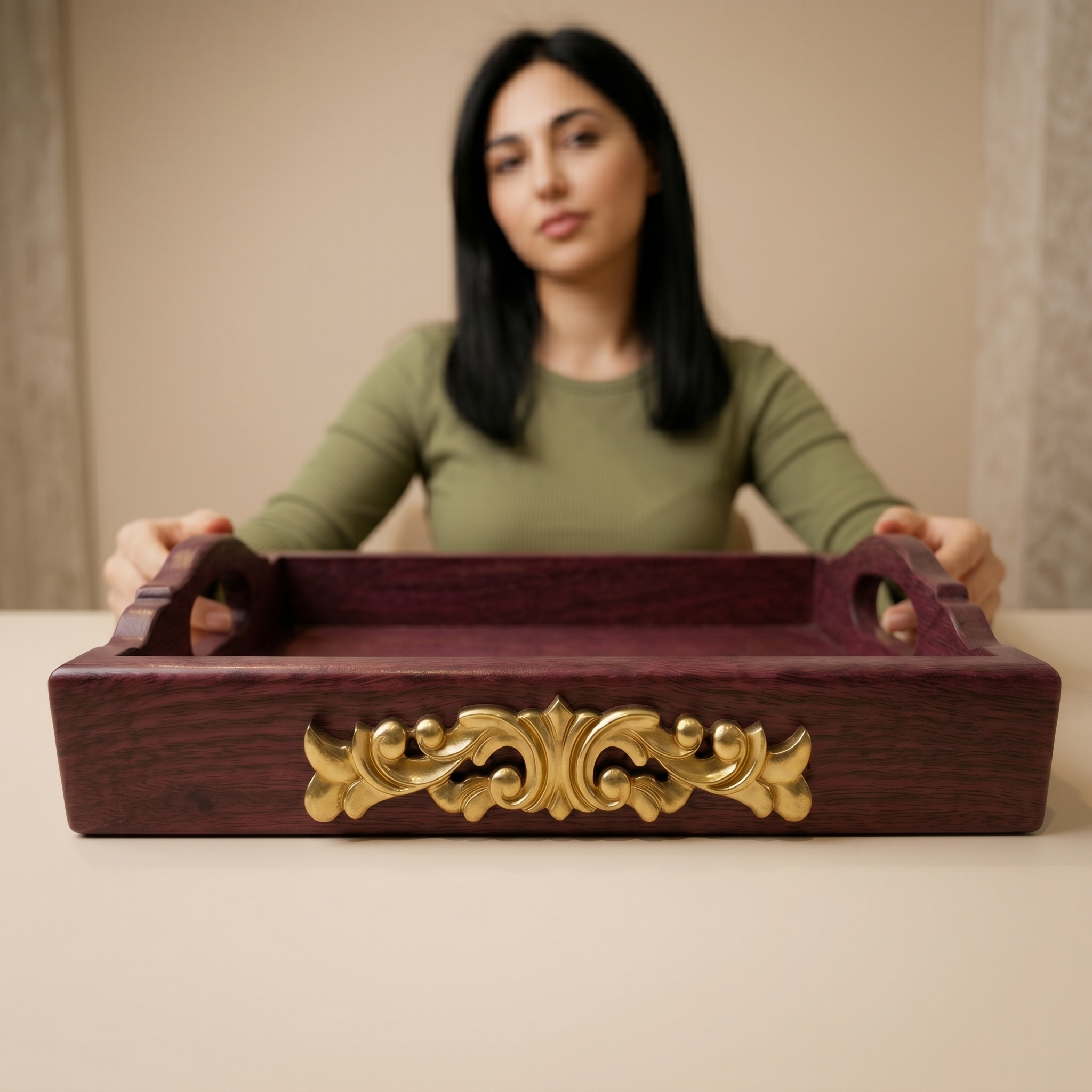 Gold-Accent Mahogany Tray