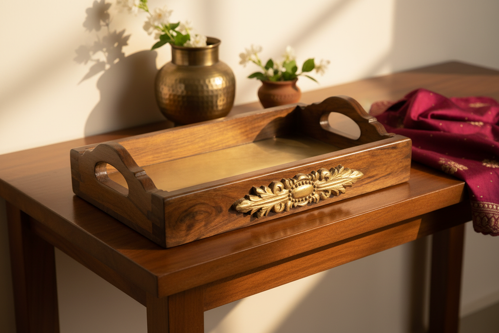 Darbar Walnut Teak Tray in elegant setting